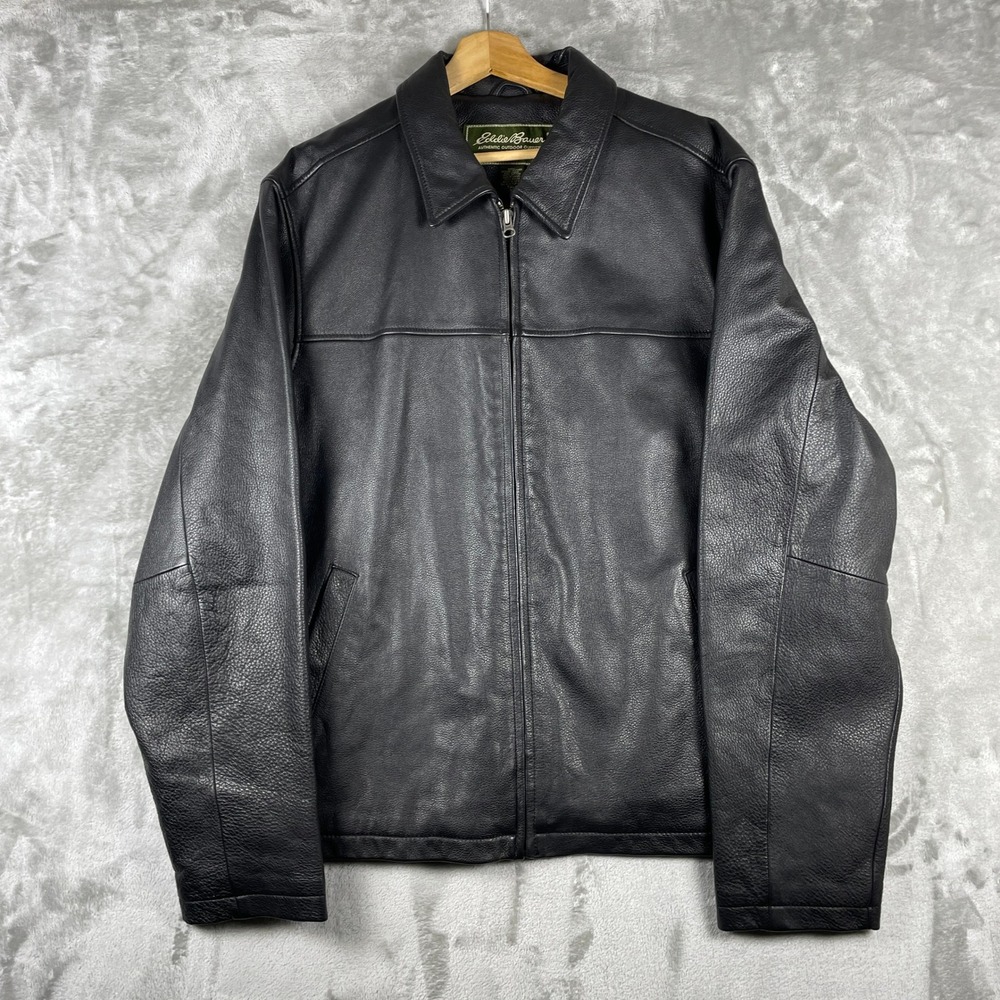 Eddie Bauer Leather Jacket Mens XL Tall Black Full Zip Moto Biker Bomber